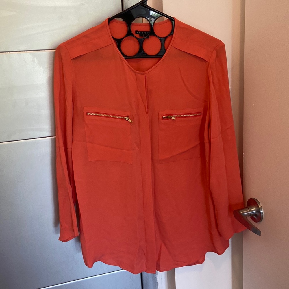 Theory Silk Button Down Collarless Coral Blouse